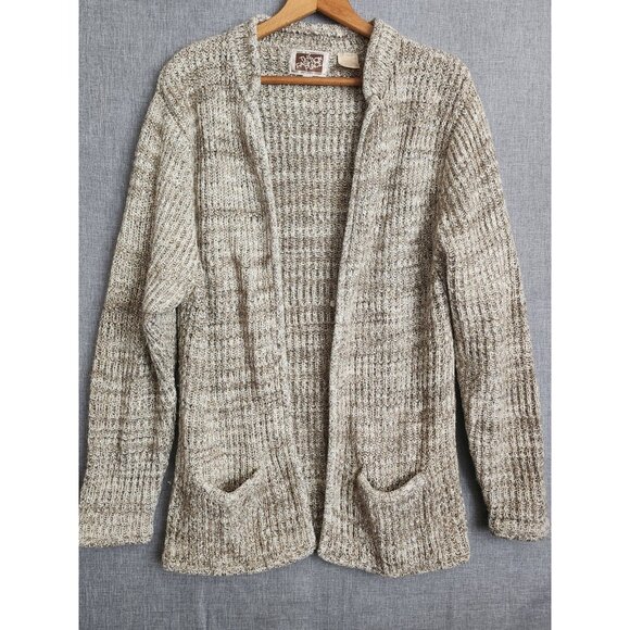 Vintage Open Cardigan Sweater Brown & Cream Varigated Medium - Picture 1 of 7